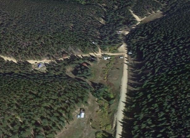 Modern satellite view showing Apex Valley Road, the junction with Elk Park Road (left fork) and the road up Dakota Hill (straight, slight right)