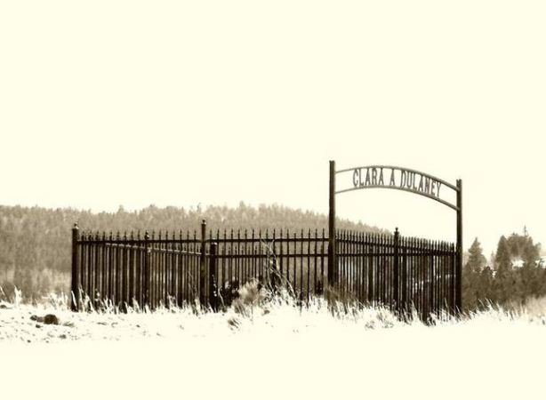 Protective fence recently erected at Missouri Flats to protect the grave of little Clara Dulaney whose simple tombstone was stolen in recent years by some pervert.